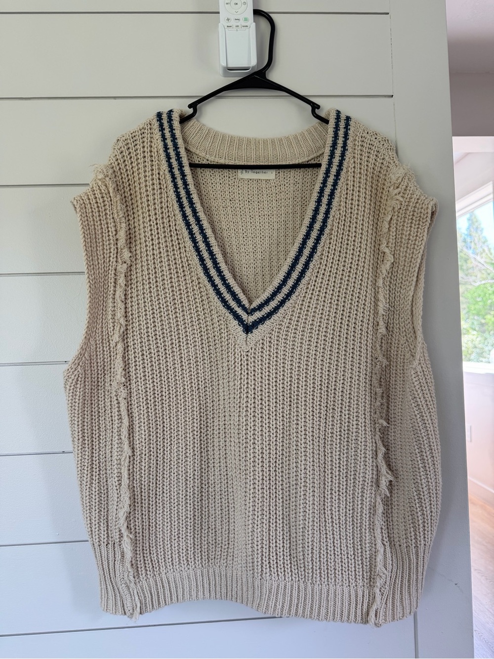 Cream V-Neck Cable Knit Sweater Vest with Navy Trim